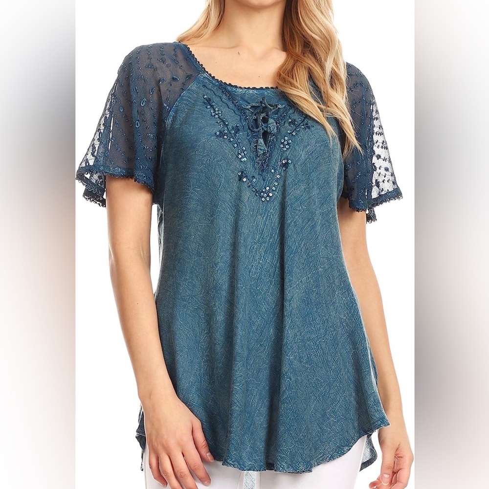 Sakkas Ellie Sequin Embroidered Cap Sleeve Scoop Neck Relaxed Fit Blouse Blue